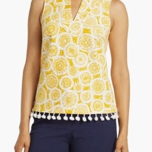 Trina Turk Yellow and White Medallion Sleeveless Camisole with Pom Trim